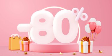 Yüzde 80 indirim. Yaratıcı kompozisyon indirimi. Dekoratif nesneler, balonlar ve hediye kutusuyla satılan sembol. Satış afişi ve poster. Vektör illüstrasyonu.