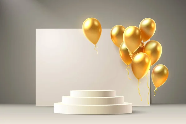 風船黄金の表彰台誕生日おめでとう金のプラットフォームバナー ベクターイラスト — ストックベクタ