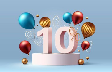 Mega sale special offer, Stage podium percent 10, Stage Podium golden balloon, Decor element background. Vector illustration