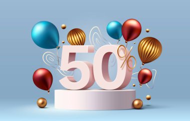 Mega sale special offer, Stage podium percent 50, Stage Podium golden balloon, Decor element background. Vector illustration