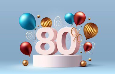 Mega sale special offer, Stage podium percent 80, Stage Podium golden balloon, Decor element background. Vector illustration