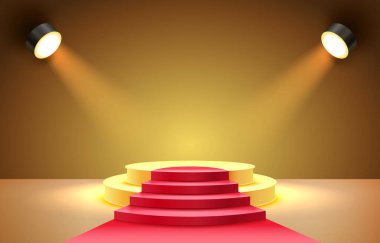 Red carpet podium room, show platform scene, studio presentation. Vector illustration