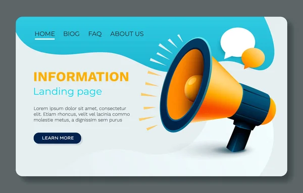 Megafone Informações Banner Landing Page Comunicação Negócios Ilustração Vetorial —  Vetores de Stock