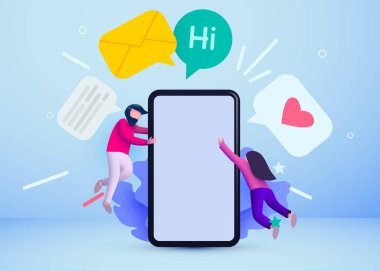 Phone with messages and small people flying around. Communication and social networking concept. Vector illustration