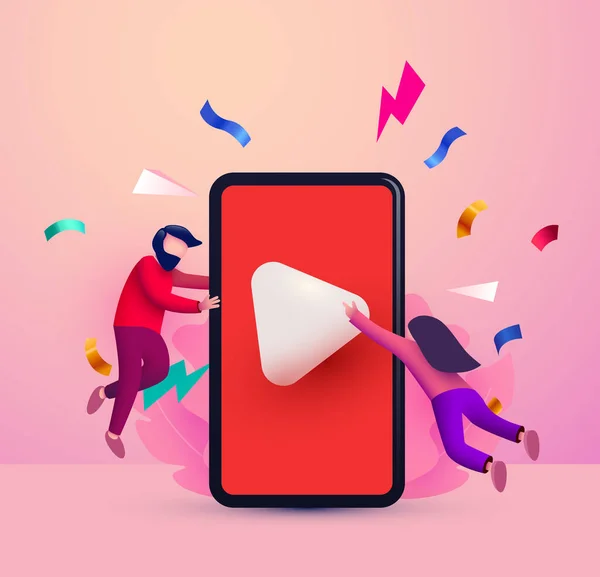Phone Video Player Small People Flying Video Streaming Vlog Concept — Archivo Imágenes Vectoriales