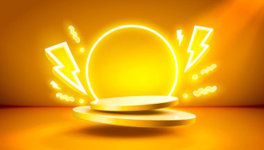 Elektro sahne mega satışı, tehlikeli podyum afişi, neon gece kaidesi. Vektör illüstrasyonu