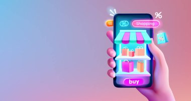 Akıllı telefondaki vitrin, indirim ve satın alma faizi, internet pazarı. Vektör illüstrasyonu