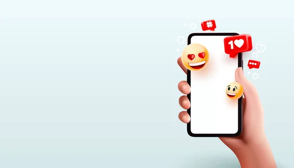 Piacciono Social Media Persone Comunicare Smartphone Icone Emoji Schermo Mobile — Vettoriale Stock