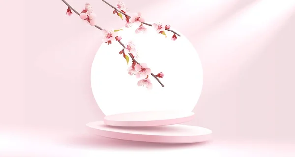 Podium Romantische Präsentation Saison Banner Schönheit Sakura Urlaub Veranstaltung Vektorillustration — Stockvektor