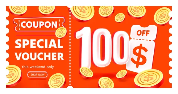 Coupon Buono Speciale 100 Dollari Guarda Banner Offerta Speciale Illustrazione — Vettoriale Stock