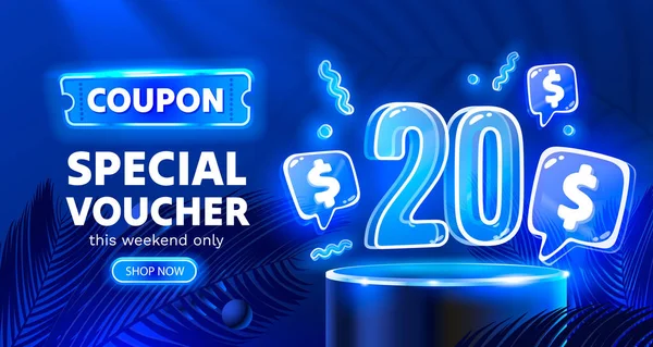Coupon Special Voucher Dollar Neon Banner Special Offer Vector Illustration — Stock Vector