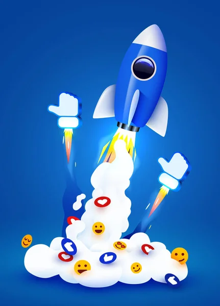Rocket Lanceren Met Rook Likes Social Media Iconen Marketing Boost — Stockvector