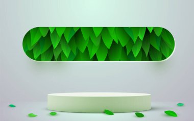 Abstract eco scene background. Cylinder podium with leaves. Product presentation, mock up, show natural cosmetic product. Podium, stage pedestal or platform. Vector illustration