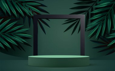 Abstract eco scene background. Cylinder podium with leaves. Product presentation, mock up, show natural cosmetic product. Podium, stage pedestal or platform. Vector illustration