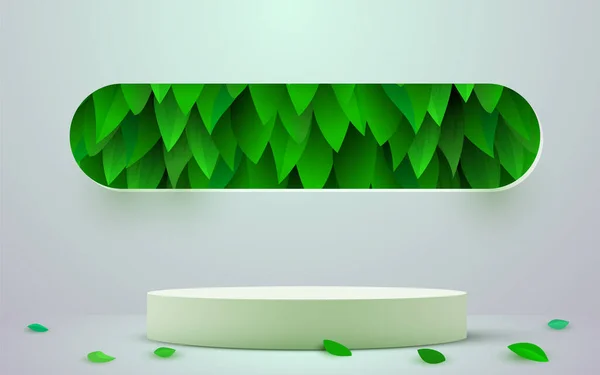 Contexte Abstrait Scène Écologique Cylindre Podium Avec Feuilles Présentation Des — Image vectorielle