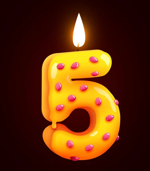 Pastel Cumpleaños Fuente Número Con Vela Cinco Años Aniversario Una — Vector de stock