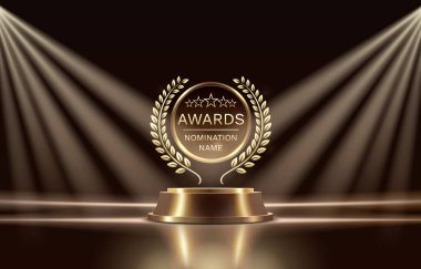 Awards nomination name podium, golden prize event, scene star ceremony. Vector clipart