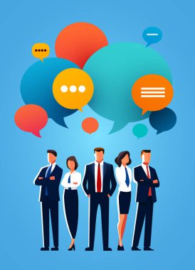 İş adamları takım olarak bir araya gelip sohbet ediyorlar. Vektör illüstrasyonu