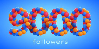 9k ya da 9000 takipçi renkli balonlarla teşekkür ediyor. Sosyal Ağ dostları, takipçileri, abonelerin ve takipçilerin kutlamaları. Vektör illüstrasyonu