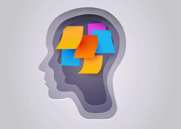 Üzerinde Etiketleri Olan Bir Insan Kafası Silueti Hafıza Kavramı Beyin — Stok Vektör