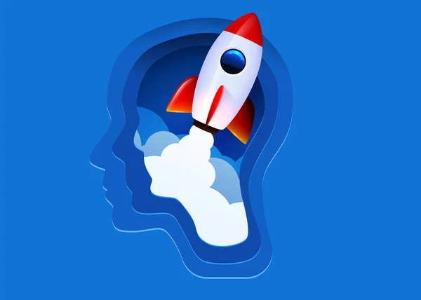 Silhouette Human Head Rocket Launch Concept Brainstorm Idea Mind Boost — Stock Vector