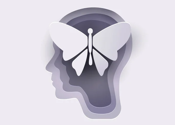 Silhouette Eines Menschlichen Kopfes Mit Schmetterling Konzept Der Psychischen Gesundheit — Stockvektor