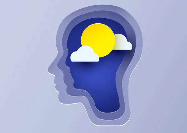 太陽と雲と人間の頭のシルエット 精神衛生と心理学の概念 ベクターイラスト — ストックベクタ
