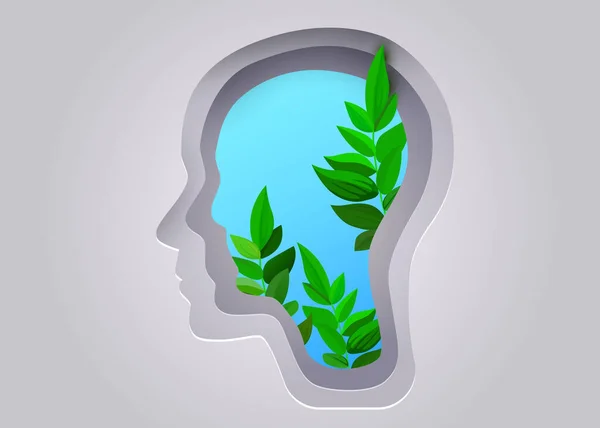 Silhouette Eines Menschlichen Kopfes Mit Baumblättern Konzept Der Psychischen Gesundheit — Stockvektor