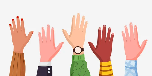 Mãos Masculinas Femininas Multiétnicas Levantadas Conceito Comunidade Internacional Voluntários Estilo —  Vetores de Stock