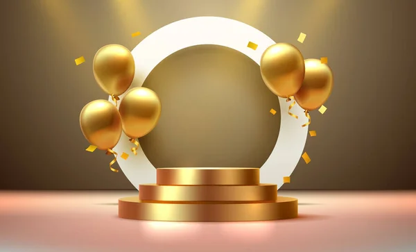 Μπαλόνι Χρυσό Βάθρο Δώρο Γιορτάζουν Χρόνια Πολλά Χρυσό Πανό Πλατφόρμα — Διανυσματικό Αρχείο