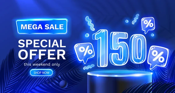 Mega Prodej Speciální Nabídka Neon 150 Sale Banner Podepsat Povýšení — Stockový vektor