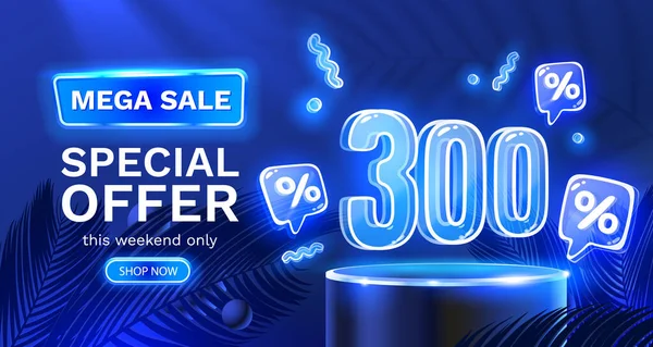 Specjalna Oferta Sprzedaży Mega Neon 300 Sale Banner Promocja Tablicy — Wektor stockowy