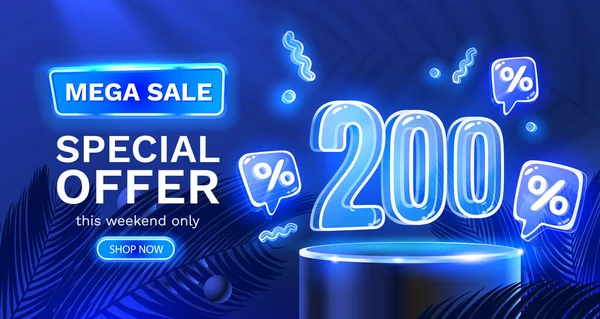 Mega Prodej Speciální Nabídka Neon 200 Sale Banner Podepsat Povýšení — Stockový vektor