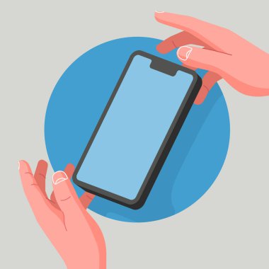 Telefonu iki elinle tut. Modern düz stil. Vektör illüstrasyonu