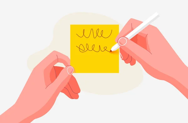 Human Hand Writes Reminder Sticky Note Flat Cartoon Style Vector — Stock Vector