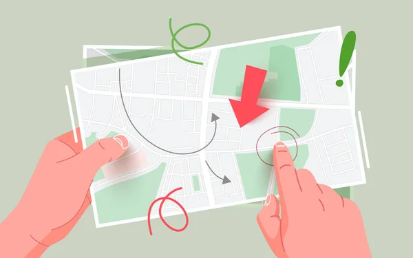 Ruce Drží Papírovou Mapu Koncept Cestovního Ruchu Navigace Moderní Plochý — Stockový vektor