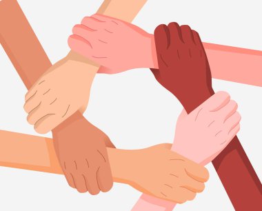 Çok ırklı insan elleri daire yapar. Kültürel eşitlik, çeşitlilik konsepti. Birliğin, takımın, grubun, ortaklığın, liderliğin, desteğin, topluluğun yuvarlak sembolü. Vektör illüstrasyonu