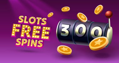 Slotlar serbest, 300 tur, tanıtım broşürü, pankart oyunu. Vektör