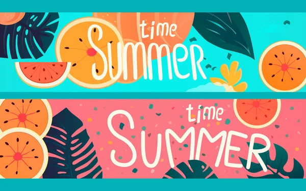 Summer Time Banner Season Party Bar Tropical Fruity Vector — Stock Vector