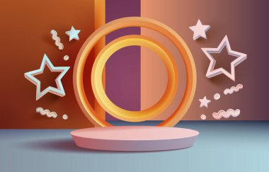 Yıldız simgesi, sahne mega satışı, alışveriş podyumu afişi, gece kaidesi. Vektör