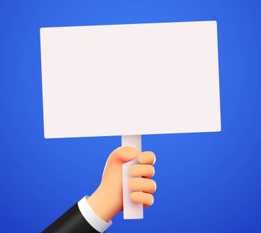 Üç boyutlu karikatür el, bir levhayı sopada tutuyor. Duyuru veya protesto konsepti. Vektör illüstrasyonu