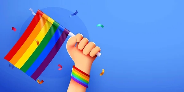 Ruka Drží Duhovou Vlajku Lgbt Pride Month Banner Hnutí Lidská — Stockový vektor