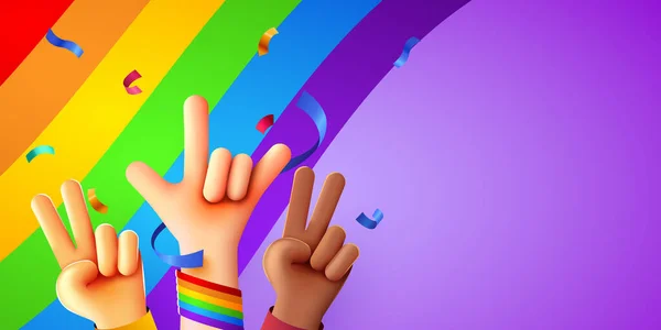 Rising Multiethnic Hands Slaví Měsíc Hrdosti Pozadí Duhové Vlajky Lgbt — Stockový vektor