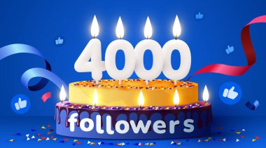 4000 ya da 4000 takipçi teşekkür eder. Sosyal ağ arkadaşları, takipçileri, aboneleri ve sevdikleri. Mumlu doğum günü pastası. Vektör illüstrasyonu