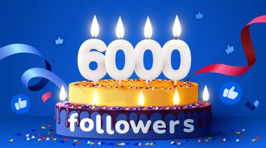 6000 ya da 6000 takipçi teşekkür eder. Sosyal ağ arkadaşları, takipçileri, aboneleri ve sevdikleri. Mumlu doğum günü pastası. Vektör illüstrasyonu