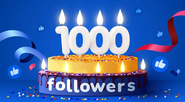 一千个追随者谢谢你 社交网络的朋友 追随者 订户和喜欢者 生日蛋糕加蜡烛矢量说明 — 图库矢量图片