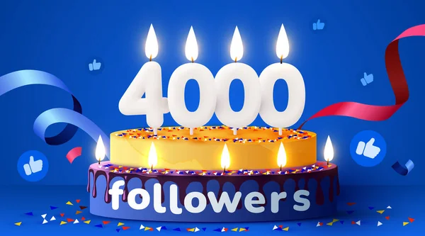 4K或4000个追随者谢谢你 社交网络的朋友 追随者 订户和喜欢者 生日蛋糕加蜡烛矢量说明 — 图库矢量图片