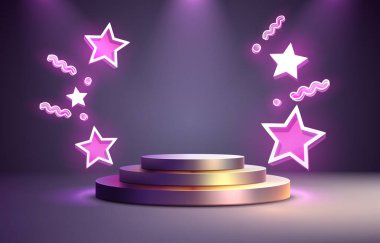 Yıldız işareti ikonu, sahne mega satışı, alışveriş podyumu afişi, neon gece kaidesi. Vektör