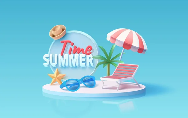 Sommerbanner Sonnenschirm Mit Liegestühlen Zur Entspannung Sonnenbrille Urlaubsszene Meer Vektor — Stockvektor