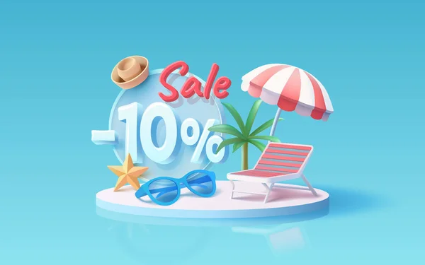 Summer Time Banner Sale Percentage Beach Umbrella Lounger Relaxation Sunglasses — Stock Vector